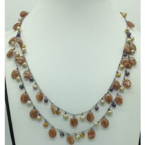 Freshwater pearls and brown semi drops silver necklace set jnc0073