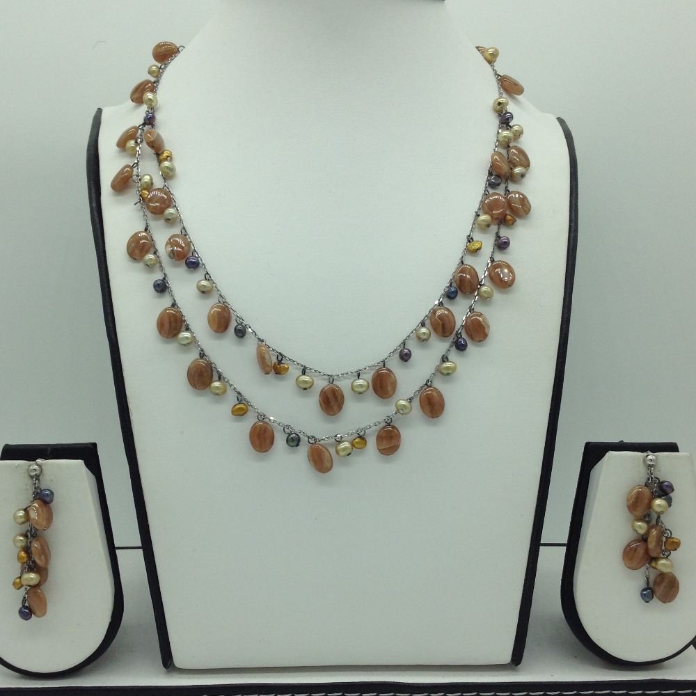 Freshwater pearls and brown semi drops silver necklace set jnc0073