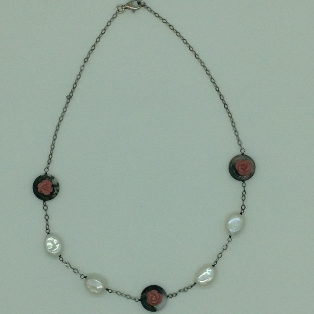 Freshwater white pearls and semi flowers silver necklace set jnc0070