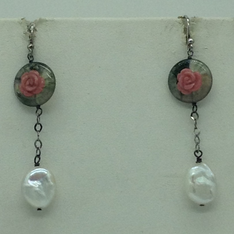 Freshwater white pearls and semi flowers silver necklace set jnc0070