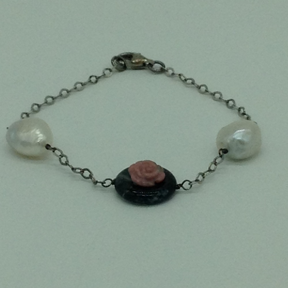 Freshwater white pearls and semi flowers silver necklace set jnc0070