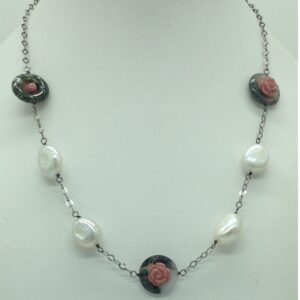 Freshwater white pearls and semi flowers silver necklace set jnc0070