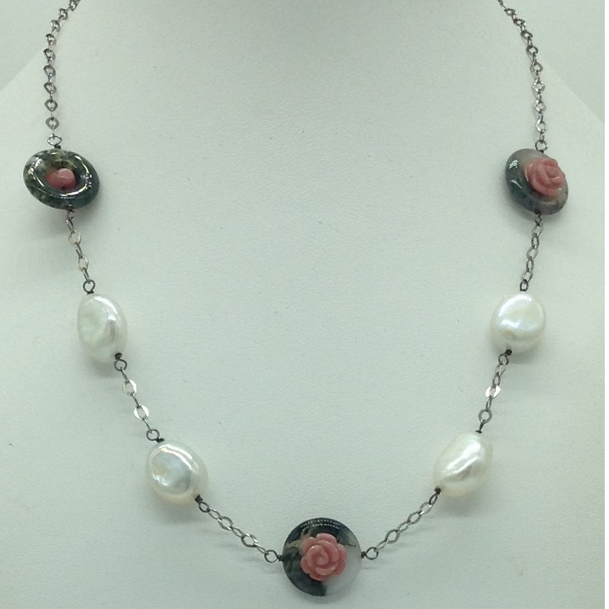 Freshwater white pearls and semi flowers silver necklace set jnc0070