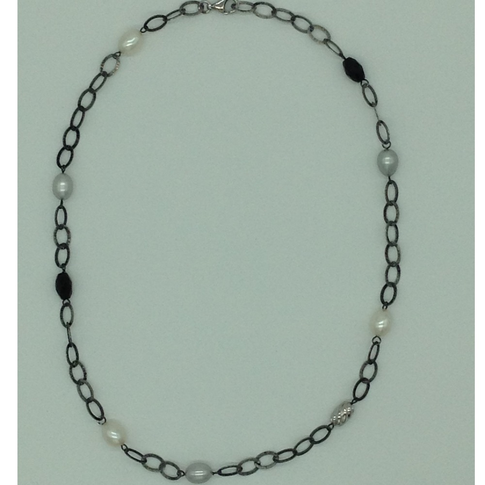 Freshwater white pearls and black semi silver necklace set jnc0069