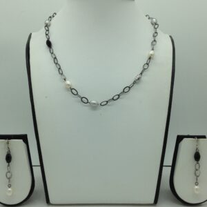 Freshwater white pearls and black semi silver necklace set jnc0069