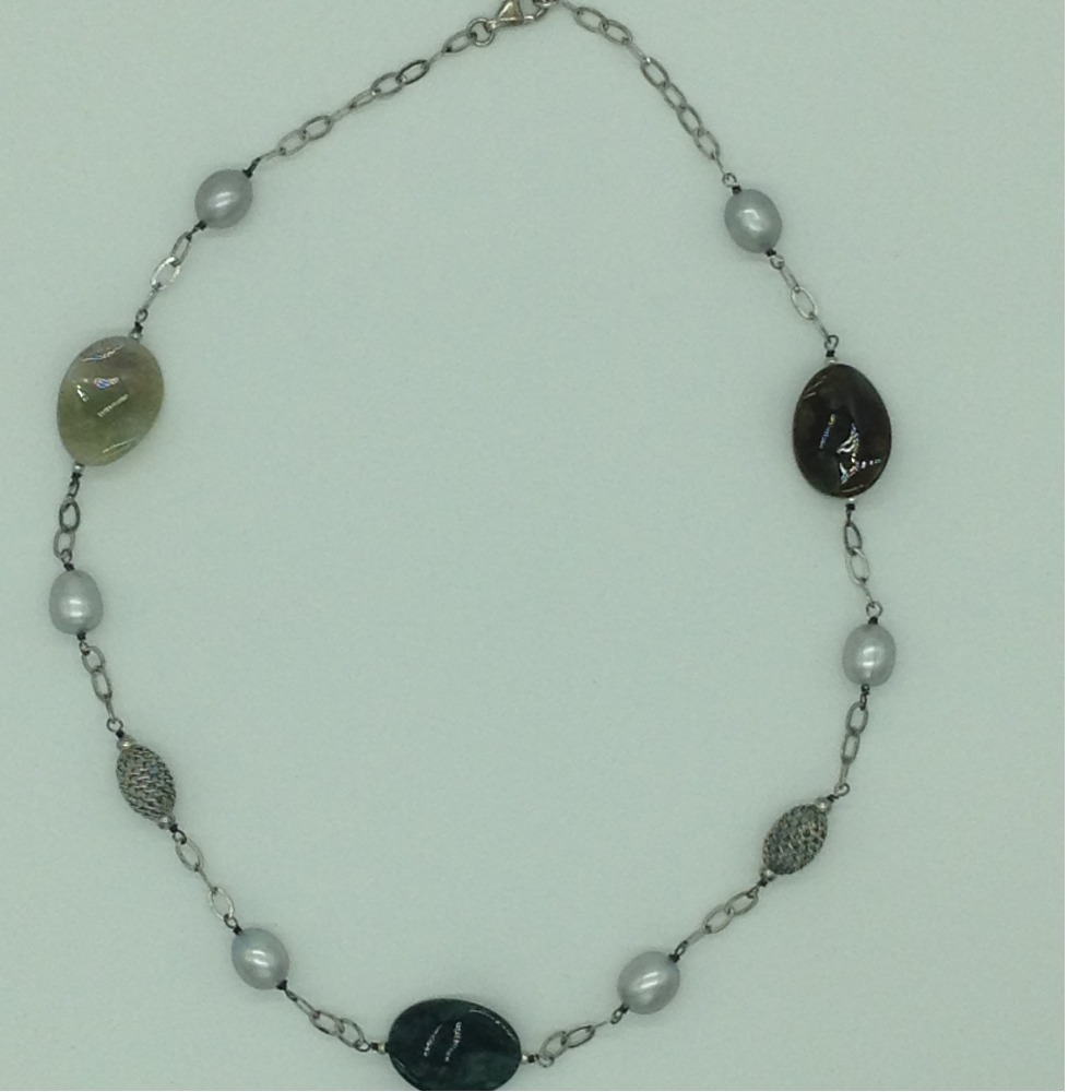 Freshwater grey pearls and semi baroque silver necklace set jnc0068