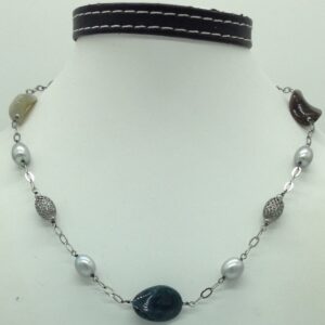 Freshwater grey pearls and semi baroque silver necklace set jnc0068