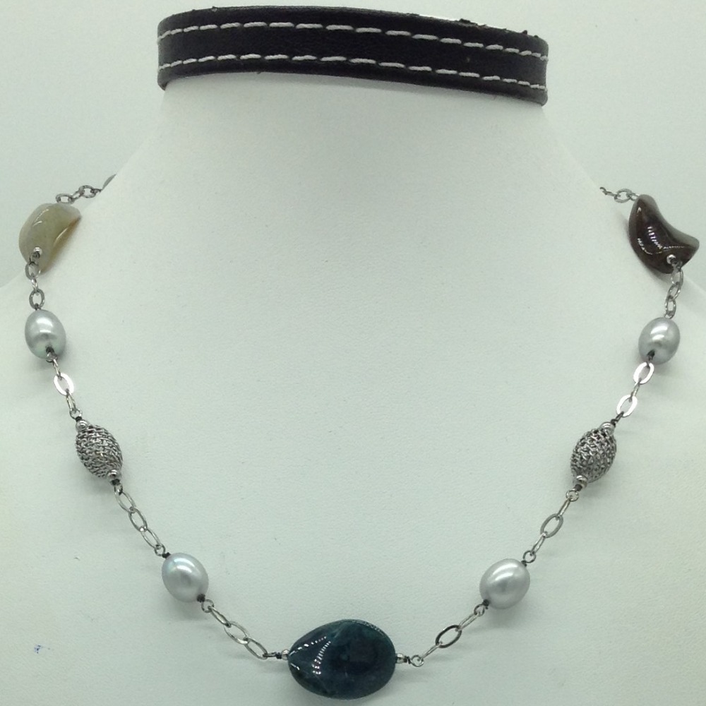 Freshwater grey pearls and semi baroque silver necklace set jnc0068