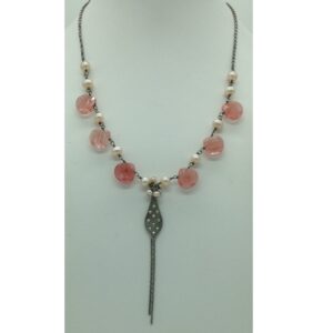 Freshwater orange pearls and Rose quartz silver chain jnc0067