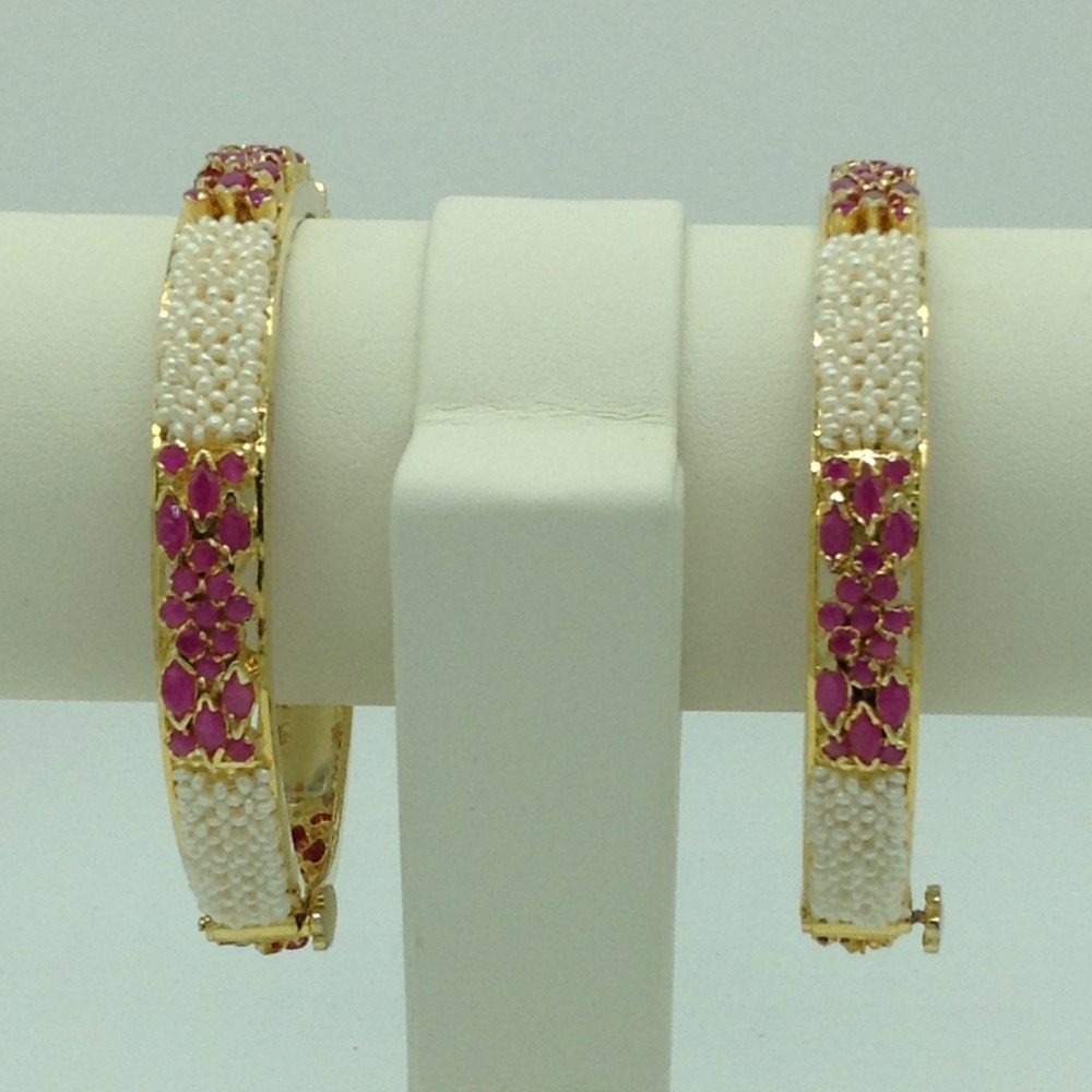 Freshwater White Khakha Seed Pearls and Ruby Jali Bangles JBG0263