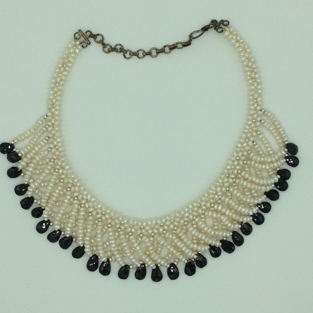 Freshwater White Pearls And Black Drops Jali Necklace Set JPP1083