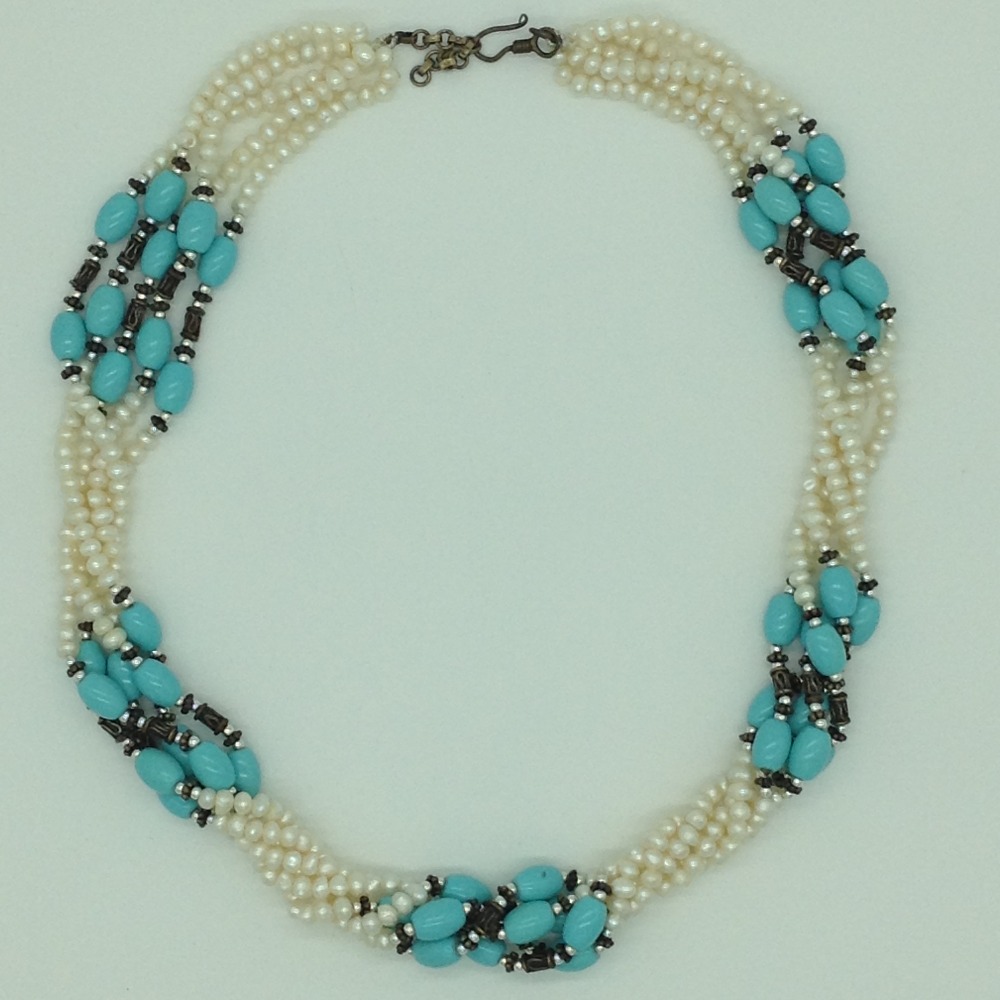 Freshwater White Pearls And Turquoise Twisted Necklace Set JPP1072