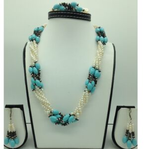 Freshwater White Pearls And Turquoise Twisted Necklace Set JPP1072