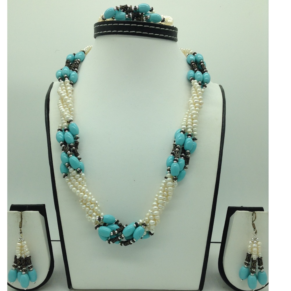 Freshwater White Pearls And Turquoise Twisted Necklace Set JPP1072