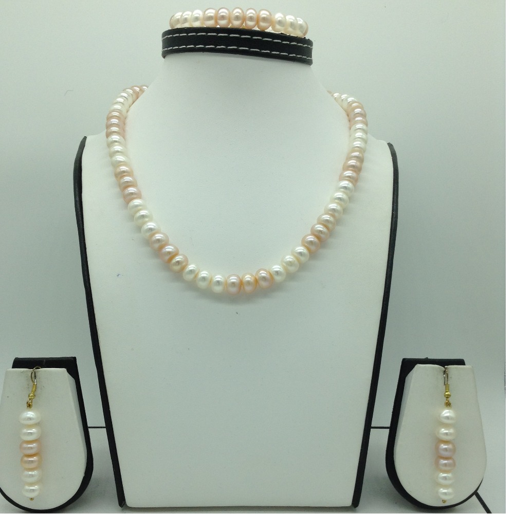 Freshwater Pink and White Flat Pearls Necklace Set JPP1070
