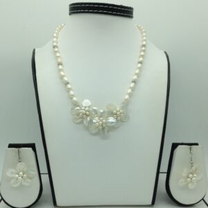 Freshwater white oval pearls and mop flowers necklace set jpp1061
