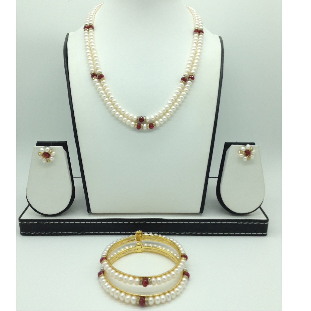 Freshwater Flat 2 Lines Pearls With Red Semi Beeds Set JPP1047