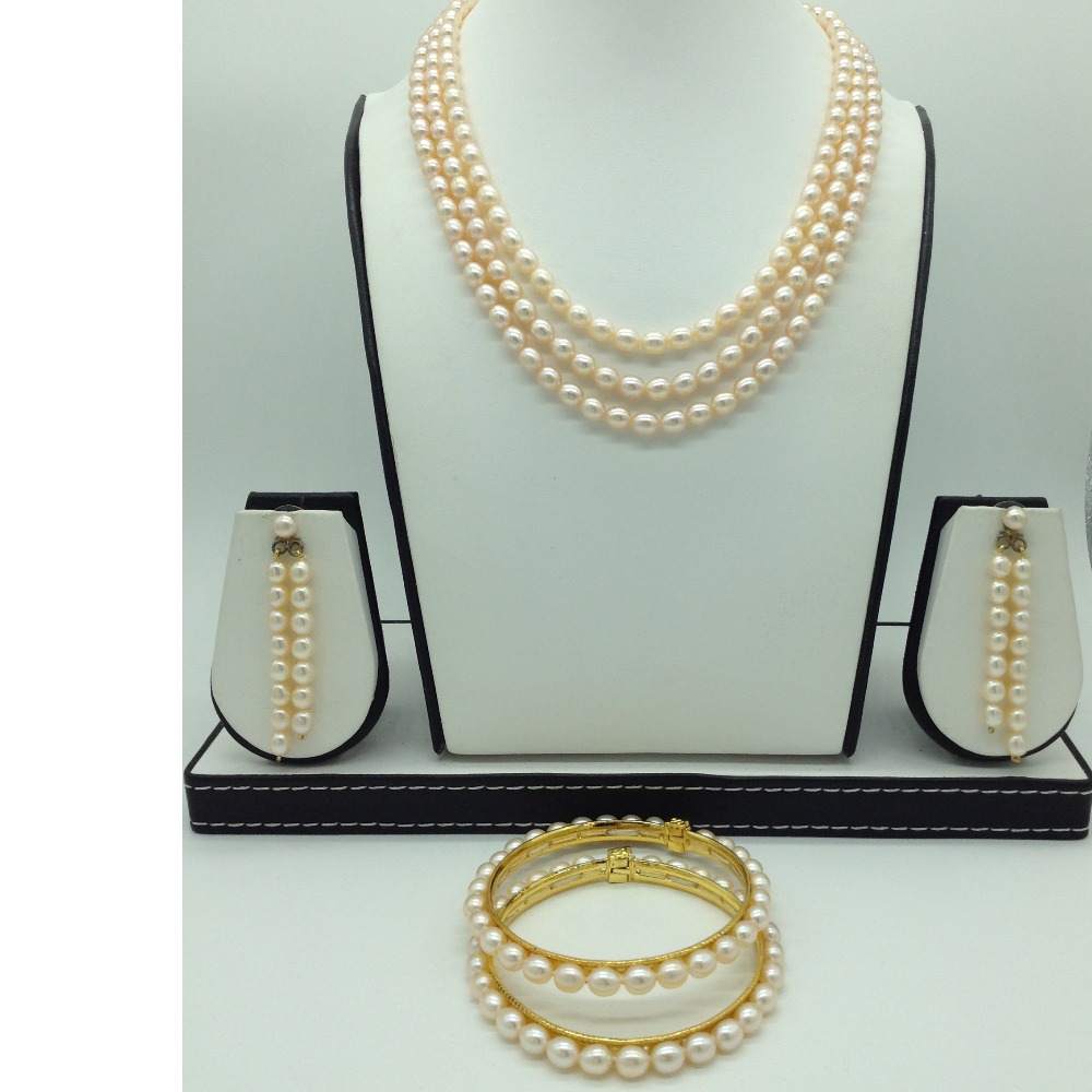 Freshwater Peach Oval 3 Lines Pearls Full Set JPP1043