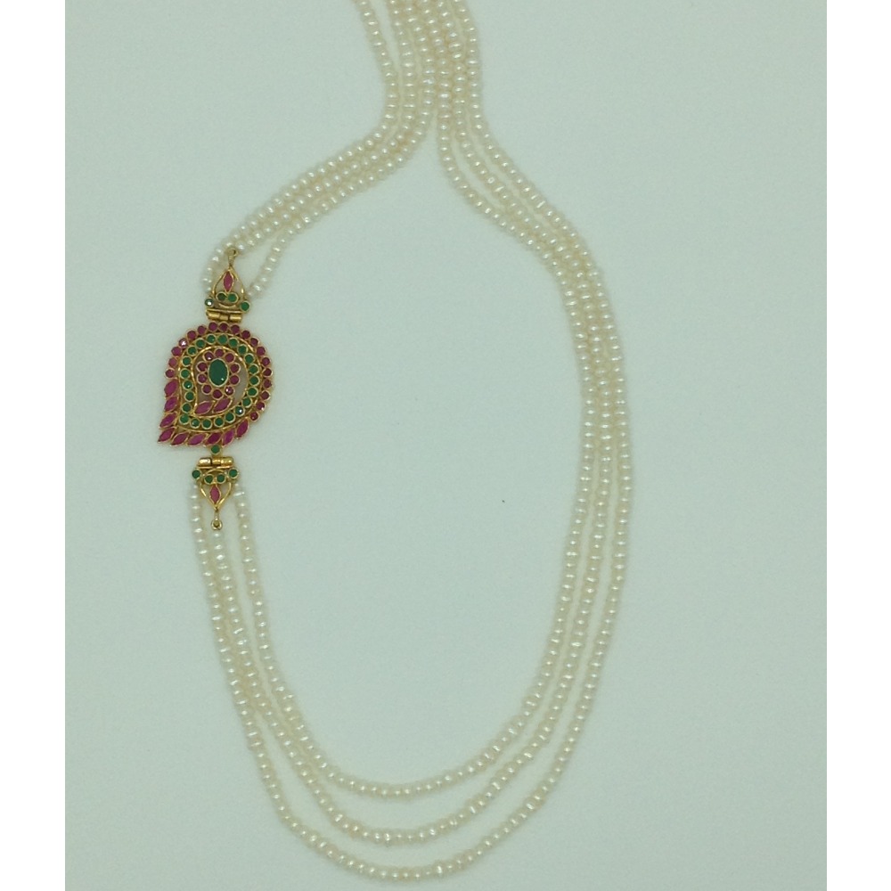 Red And Green CZ Brooch Set With 3 Lines Flat Pearls Mala JPS0555 - Image 4
