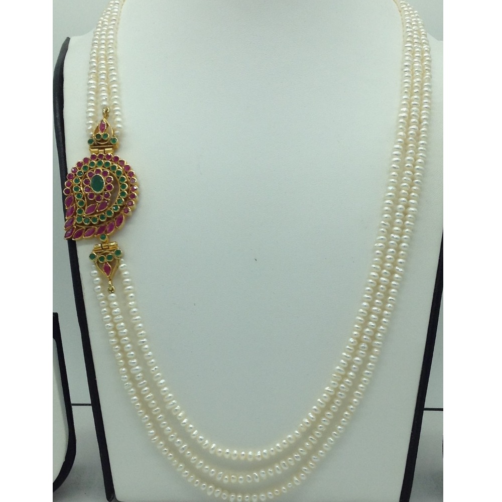 Red And Green CZ Brooch Set With 3 Lines Flat Pearls Mala JPS0555 - Image 2