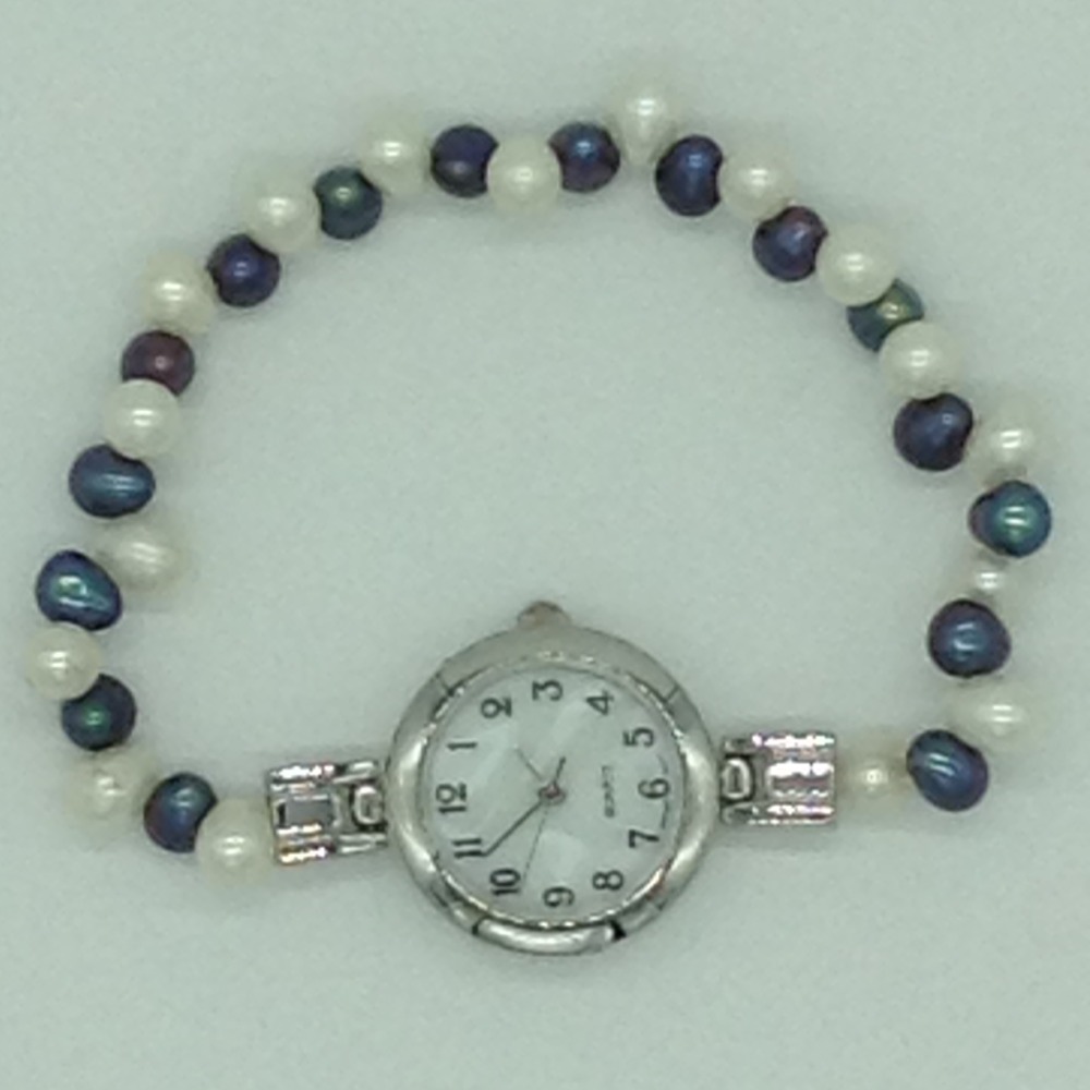 Freshwater White and Black Oval ZigZag Pearls 1 Layers Watch JBG0259