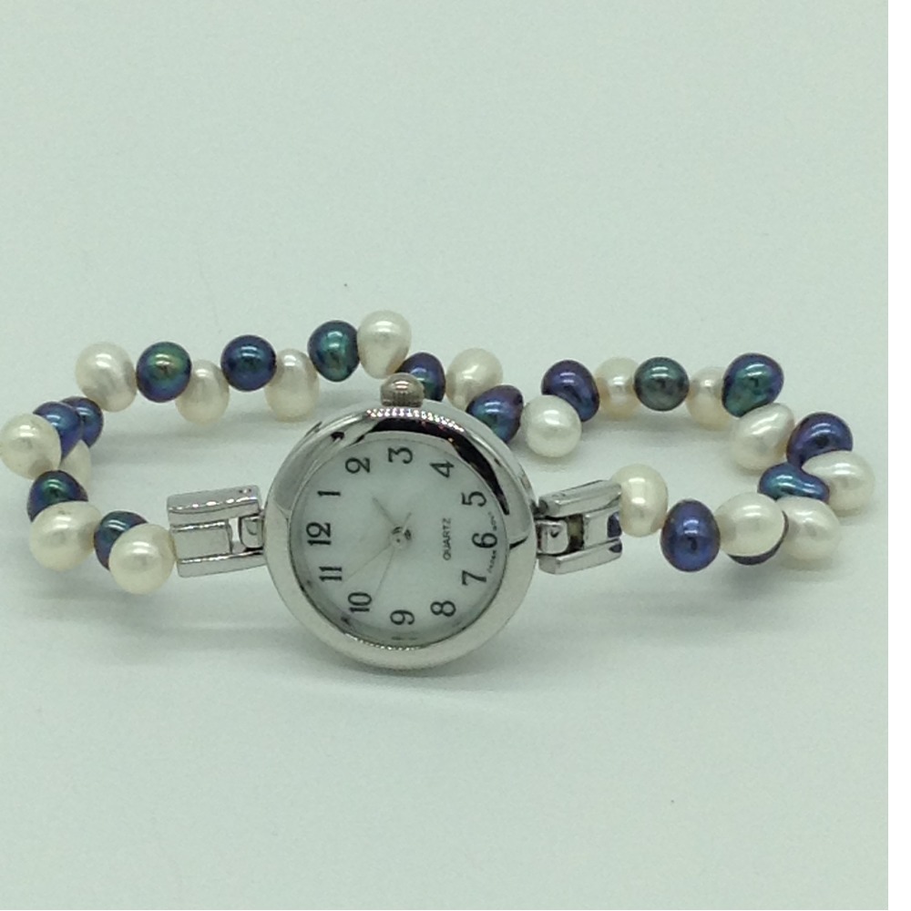 Freshwater White and Black Oval ZigZag Pearls 1 Layers Watch JBG0259