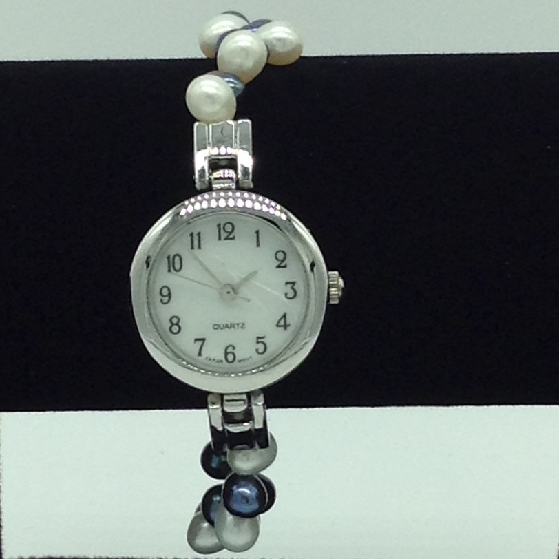 Freshwater White and Black Oval ZigZag Pearls 1 Layers Watch JBG0259