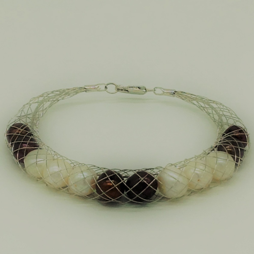 White and Brown Potato Pearls Wire Mesh Bracelet JBG0203