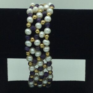 White Round Pearls With Amethyst And Golden Jaco Balls Jali Elastic Bracelet JBG0194
