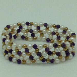 White Round Pearls With Amethyst And Golden Jaco Balls Jali Elastic Bracelet JBG0194
