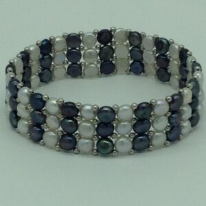 White And Black Button Pearls With White Jaco Balls 3 Layers Elastic Bracelet JBG0190