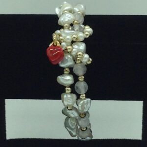 White Kudkal Baroque Pearls With Rose Quartz Semi Beeds 2 Layers Elastic Bracelet JBG0186