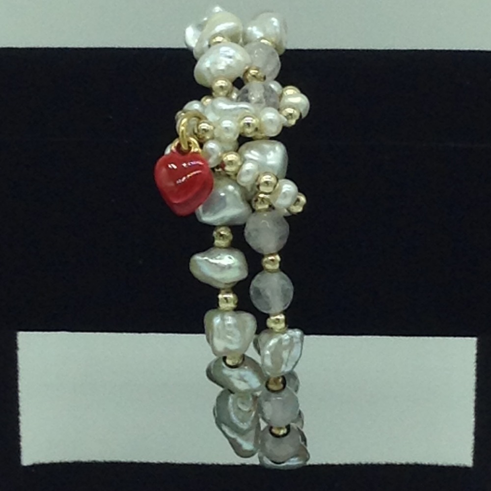White Kudkal Baroque Pearls With Rose Quartz Semi Beeds 2 Layers Elastic Bracelet JBG0186
