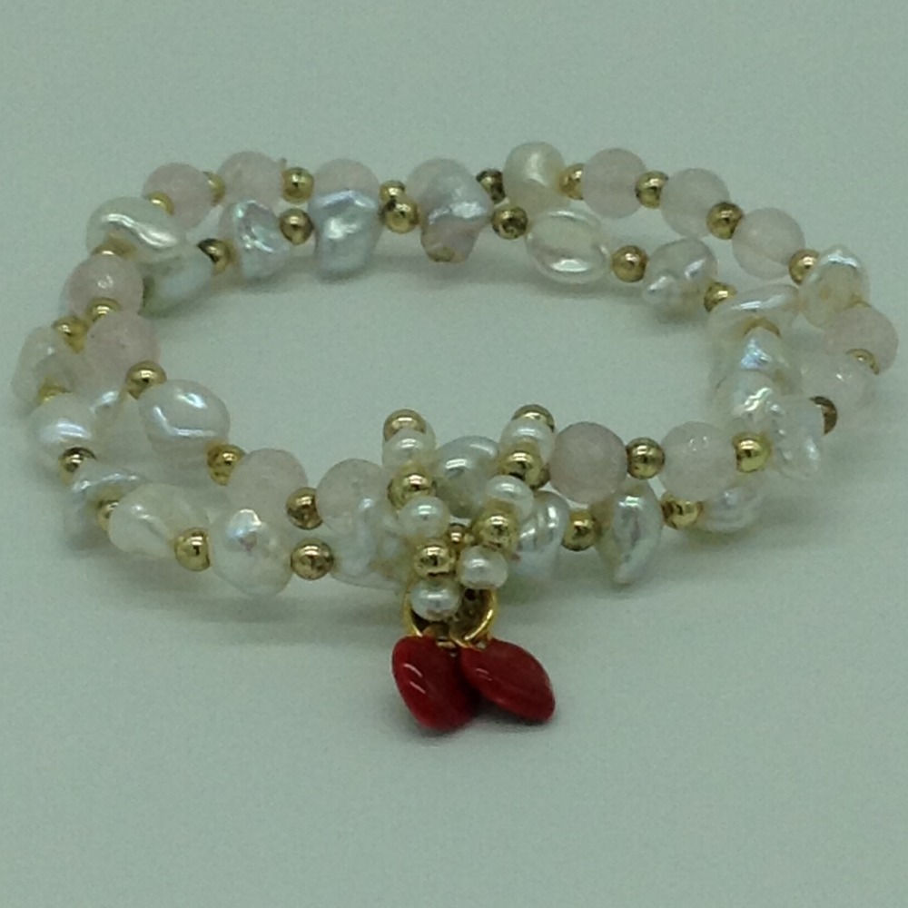White Kudkal Baroque Pearls With Rose Quartz Semi Beeds 2 Layers Elastic Bracelet JBG0186