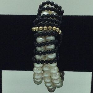 White Potato Pearls With Black Beeds And Golden JAco Balls 3 Layers Elastic Bracelet JBG0182