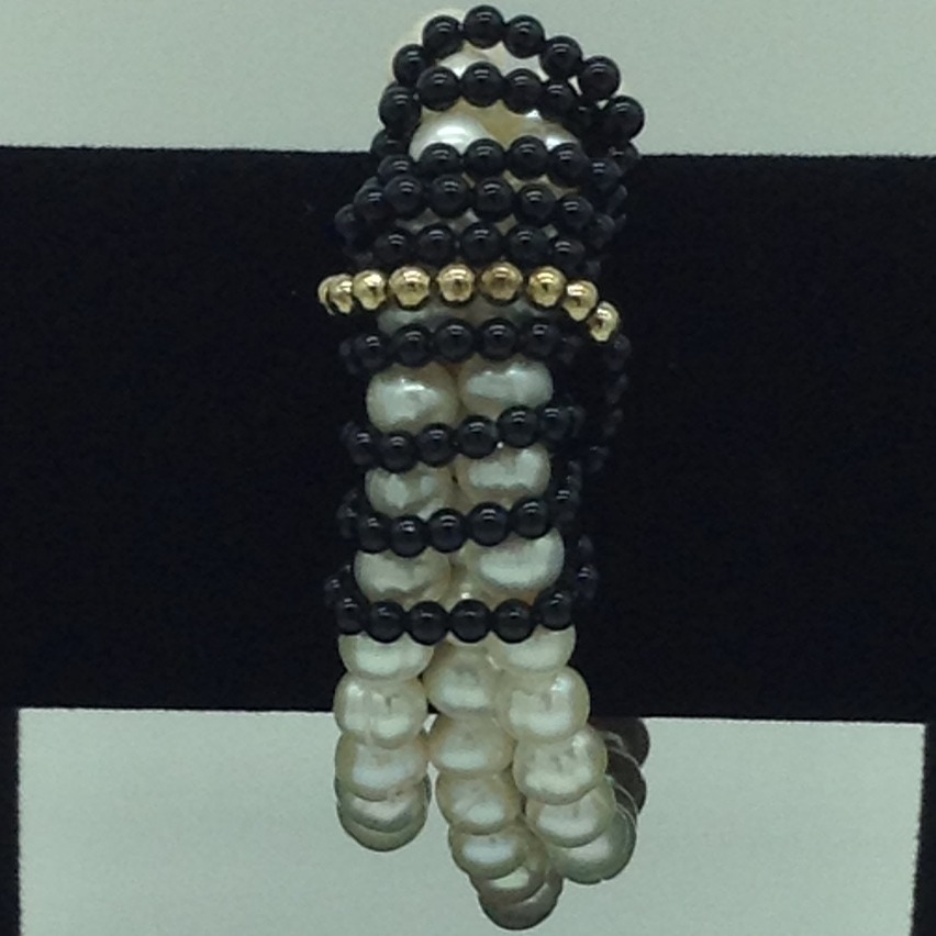 White Potato Pearls With Black Beeds And Golden JAco Balls 3 Layers Elastic Bracelet JBG0182