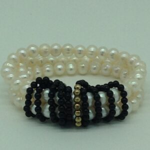 White Potato Pearls With Black Beeds And Golden JAco Balls 3 Layers Elastic Bracelet JBG0182