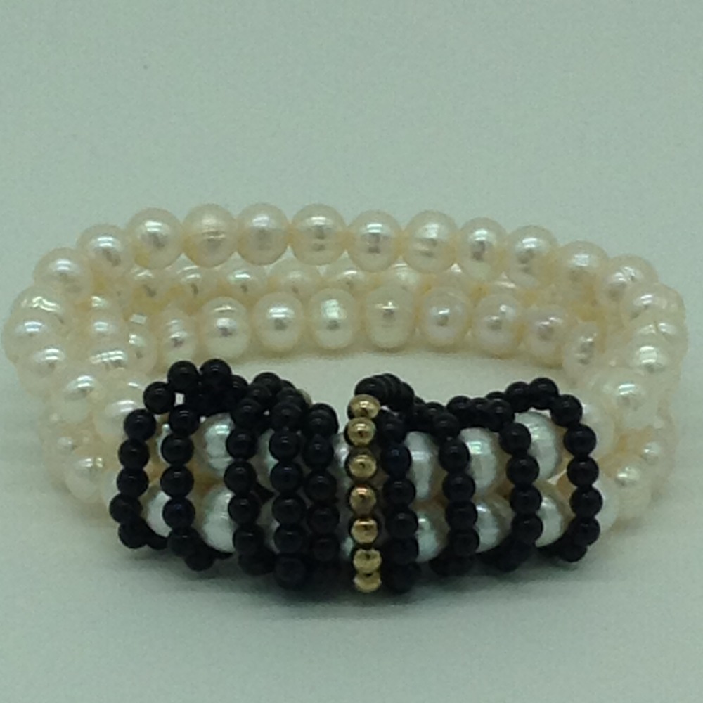 White Potato Pearls With Black Beeds And Golden JAco Balls 3 Layers Elastic Bracelet JBG0182