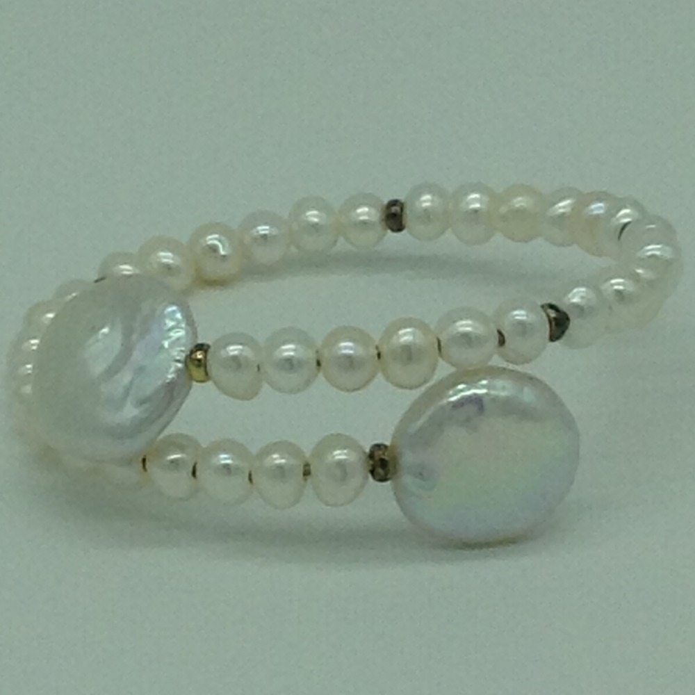 White Potato And Chip Baroque Pearls With White Jaco Balls 1 Layers Stiff Bracelet JBG0180