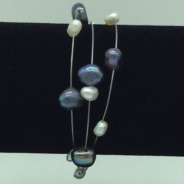 White And Black Potato Pearls 3 Layers Wire Bracelet JBG0179