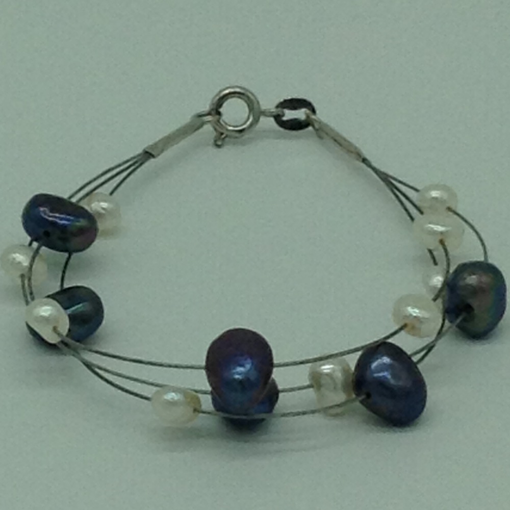 White And Black Potato Pearls 3 Layers Wire Bracelet JBG0179