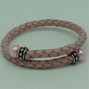 Pink Button Pearls Leather Stiff Bracelet JBG0178