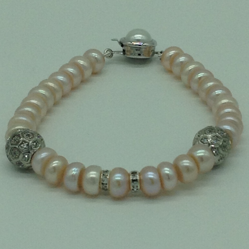 Pink Flat Pearls With CZ White Balls And chakri 1 Layers Bracelet JBG0174