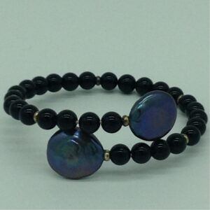 Black Chip Baroque Pearls With Black Semi 1 Layers Stiff Bracelet JBG0173