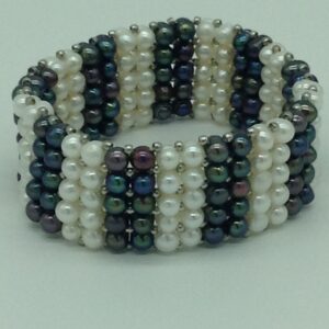White And Black Potato Pearls With White Jaco Balls 5 Layers Elastic Bracelet JBG0171