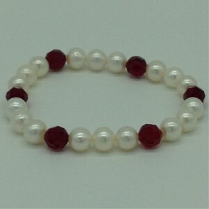White Round Pearls With Red Crystals 1 Layer Elastic Bracelet JBG0168