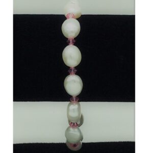 White Oval Baroque Pearls with Pink Crystals 1 Layer Elastic Bracelet JBG0166