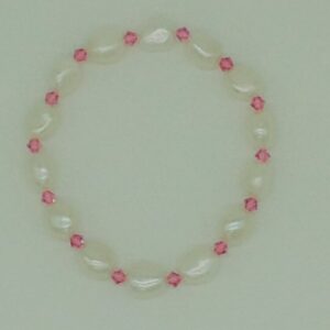 White Oval Baroque Pearls with Pink Crystals 1 Layer Elastic Bracelet JBG0166