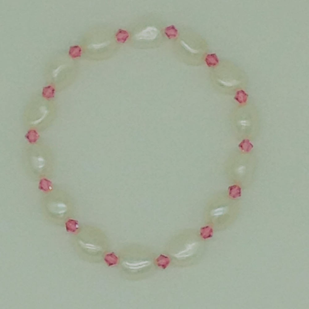 White Oval Baroque Pearls with Pink Crystals 1 Layer Elastic Bracelet JBG0166 - Image 2