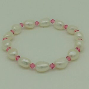White Oval Baroque Pearls with Pink Crystals 1 Layer Elastic Bracelet JBG0166